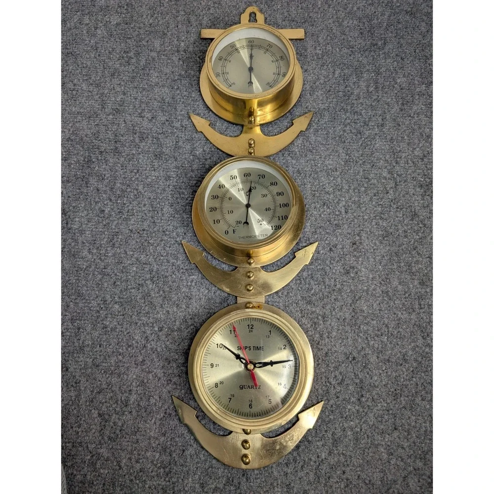 Vintage Brass Anchor Wall Weather Station Quartz Clock Thermometer Hygro‎ READ